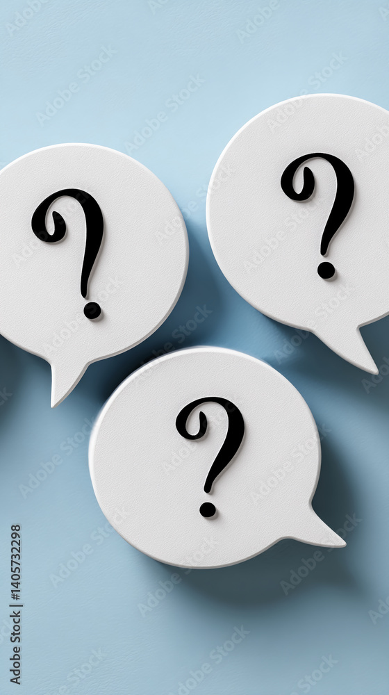 Poster three white speech bubbles with black question marks on light-blue background. represents inquiry, q