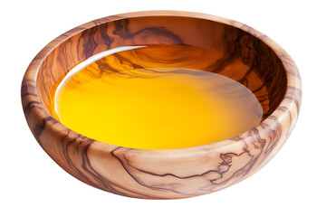 Isolated Wooden Bowl with Transparent Yellow Liquid Filling on Transparent Background