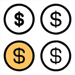 Dollar Sign Icon Set in Solid Outline Flat and 3D Styles with Circle and Stylized Variants

