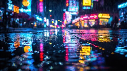 Neon City Rain: A Nighttime Reflection