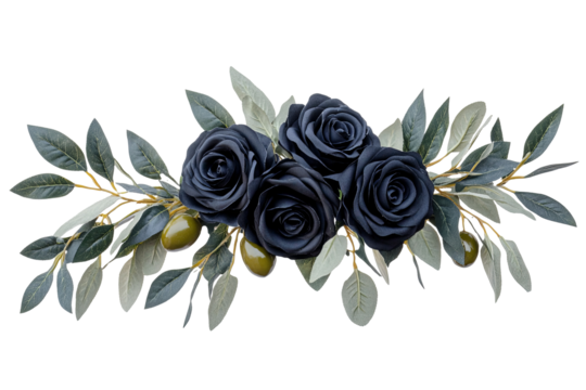 Artistic arrangement of deep navy roses and olive branches against a transparent background, creating a serene floral design