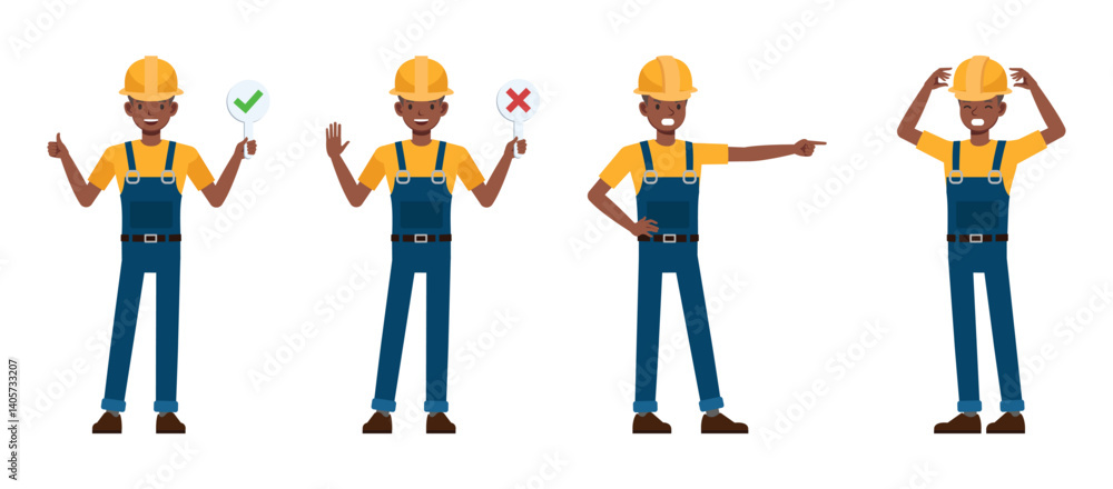 Poster construction worker character vector illustration design set. presentation in various action.