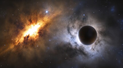 Obraz premium A celestial black hole devouring a distant star amidst ethereal nebulae in cosmic blues and violets