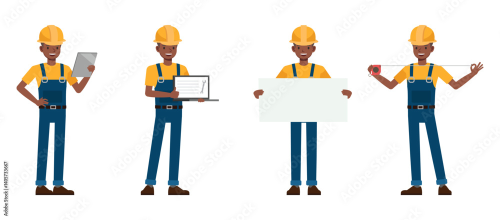 Poster construction worker character vector illustration design set. presentation in various action.