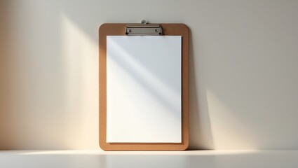 Authentic image of a wooden clipboard featuring a blank paper mockup design, set against a light grey backdrop.