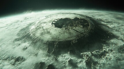 Large, ringed structure dominates a cloudy landscape, blending sci-fi elements with natural terrain