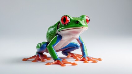 Fototapeta premium A tropical rainforest creature, the red-eyed monkey tree frog with bright eyes, set against a white backdrop.