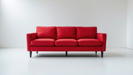 Classic sofa with red fabric on black wooden legs against a white background