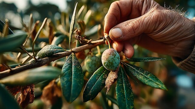 Aged hands carefully harvest olives from a branch.