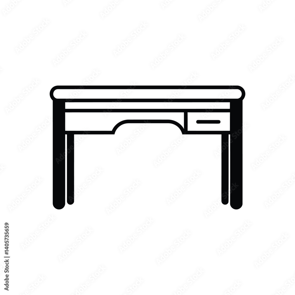 Poster minimalist desk icon with drawer in black outline on transparent background