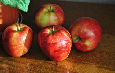 red ripe apples on a wooden table in the rays of light from the window