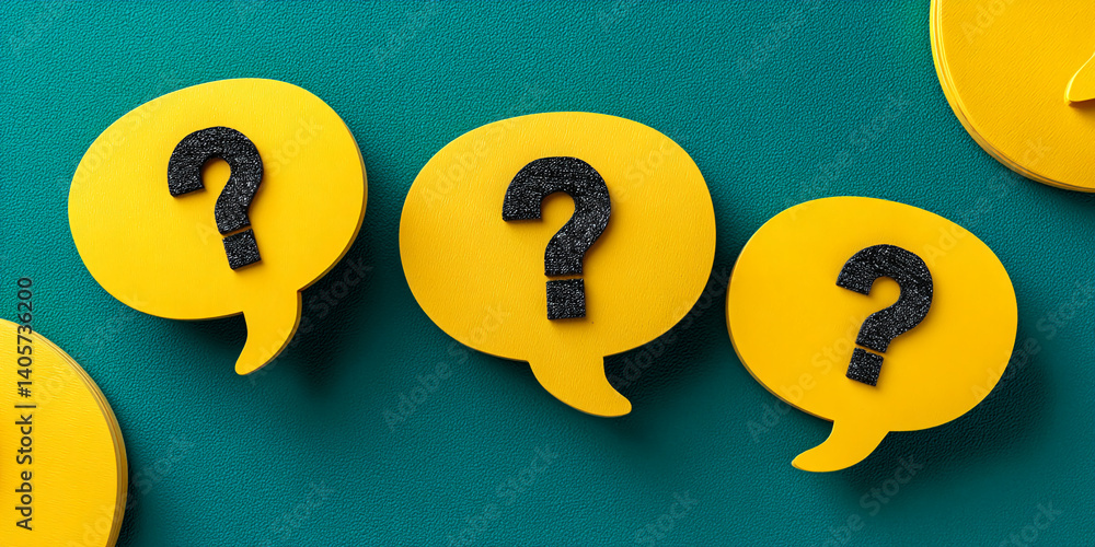 Poster yellow speech bubbles with black question marks on teal background, symbolizing inquiry, questions, 