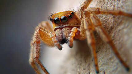 A macro shot of a spider gripping onto a wall, extreme close-up detailing its vivid colors.