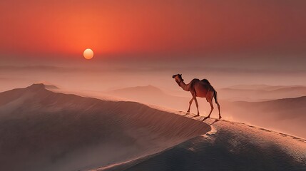 Sunrise camel atop a desert dune.