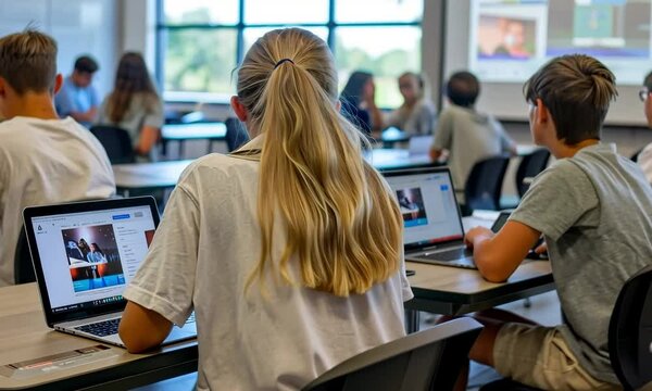 Gen Alpha students engaged in digital learning during a classroom session in a modern education setting
