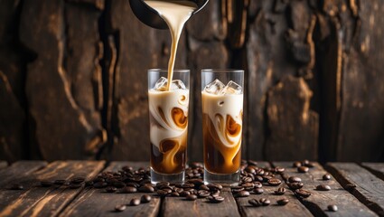 Refreshing iced coffee in a tall glass with cream and coffee beans on a dark wooden backdrop.