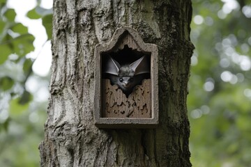 Fototapeta premium Bat Box Nestled in Tree - Promoting Wildlife Conservation in Nature Reserve Forest