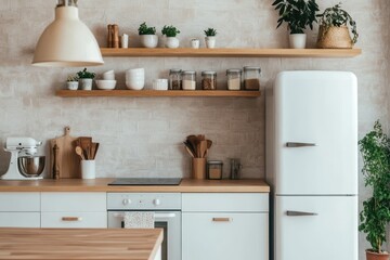 Chic DÃ©cor: Compact Refrigerator in a Cozy Minimalist Scandinavian Kitchen Interior