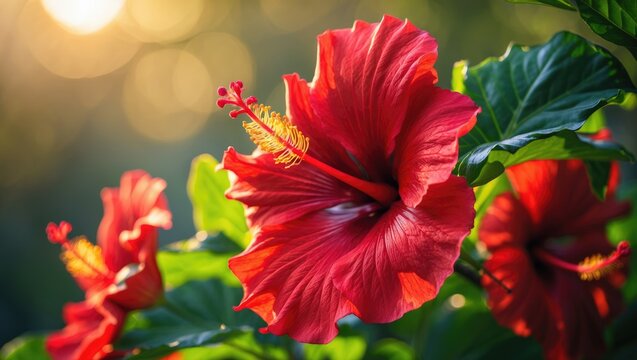 Sunlit blooming Red hibiscus and Rose of Sharon flower
