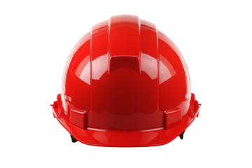 A shiny, vibrant red hard hat displayed transparent background backdrop, showing safety and protection gear