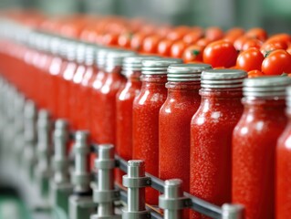 Automated packaging line filling jars with tomato sauce - robotic ingredient distribution jars