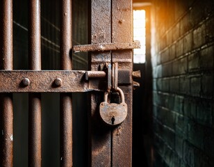 old prison rusted metal bars cell lock with dark and bright in the jail