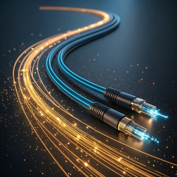Glowing fiber optic cables transmit data streams. Concept of high-speed internet, network connection, and digital communication.