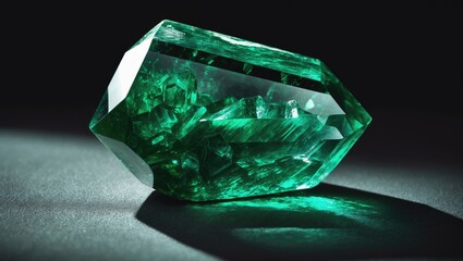 Shiny emerald set against a dark backdrop, precious stone