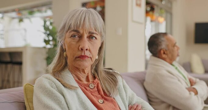 Frustrated, angry and face of senior woman or disappointment from argument, fight and disagreement with husband. Elderly female person, mature man and couple with diversity not talking to each other