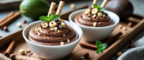 Avocado mousse in its raw form, enhanced with chocolate and mint, selective focus. Healthy vegan chocolate indulgence.