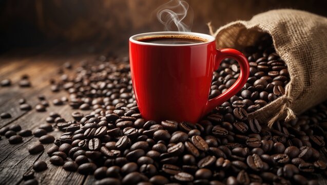 Steaming coffee in a red mug surrounded by a mound of coffee beans spilled from a bag on the table