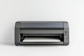 Modern, sleek, dark gray printer ready for use.  A flatbed printing device, positioned centrally against a plain backdrop