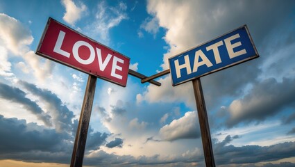 Adoration or Disdain: A Division in the Sky, Illustrating Life's Dual Nature, Selections, and Contrasts, Against a Canvas of Boundless Clouds Symbolizing Freedom, Hope, and the Complex Voyage of