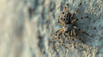 A macro shot of a spider gripping onto a wall, extreme close-up detailing its vivid colors.