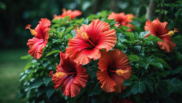 Red hibiscus flower in the garden.