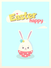 Greeting card, happy Easter, cute Easter egg bunny, flat style, vector illustration