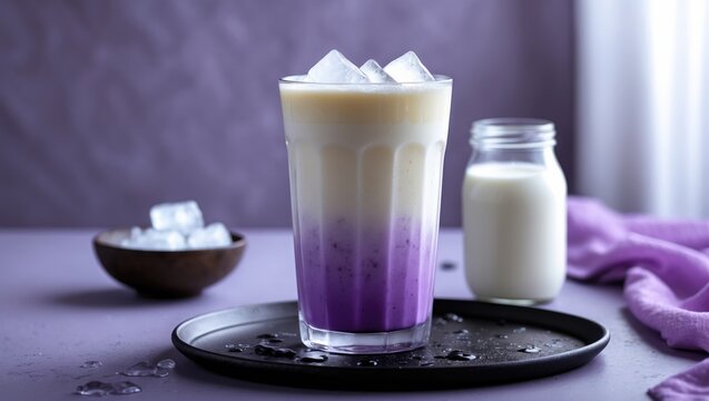 Chilled Taro latte combined with ice cubes and milk in a glass on a tray against a plain background. Close-up. Culinary Photography