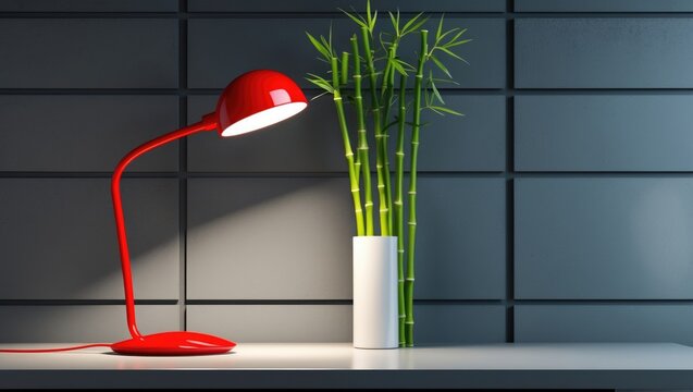 Contemporary space showcasing a red lamp alongside a vase of Lucky bamboo on the desk