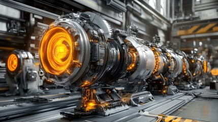 Obraz premium Futuristic engine assembly line. Complex, high-tech machinery, glowing with inner light. Advanced engineering concept