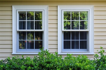 Elegant Double Hung Windows Framed by White Trim, Set Against a Tan Wooden Wall with Lush Green Bushes in Front