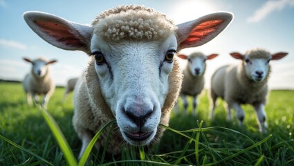 Fototapeta premium Sheep feeding on grass. Fresh hues. Lamb close-up view. Humorous cute sheep wandering in the pasture. Lambs posing for the lens. Endearing sheep.