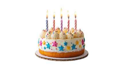 Colorful birthday cake with candles and sprinkles on a white background