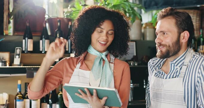 Tablet, team and conversation with people in cafe for inventory checklist, restaurant review and small business update. Customer experience, training and menu stock with man, woman or coffee shop app