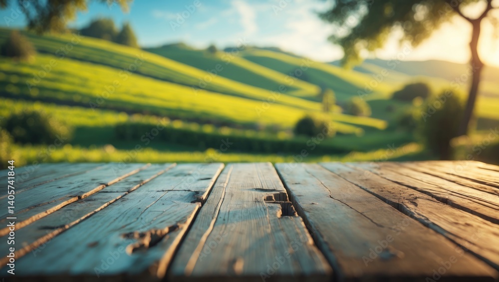 Poster blurred mountain and grassy field with a wooden table top. concept of freshness and relaxation for p