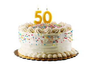 Celebration of a milestone with a beautifully decorated cake featuring bright sprinkles and a prominent 50th birthday candle