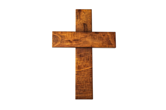 Wooden cross on transparent background, center-oriented. Wood grain visible. Simple, religious