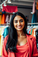 Smiling Woman Browsing Trendy Clothes in a Boutique
