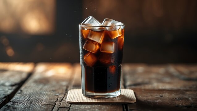 Iced black coffee placed on the wooden table.