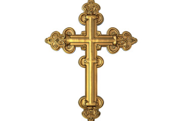 Intricate golden cross with detailed ornamentation against a stark transparent background. Religious symbol with shiny metal