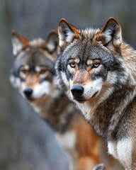 Naklejka premium Dual Wolves Gazing at Thunderstorm: Wild Predators Amidst a Dark Night